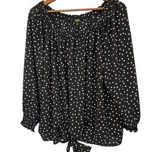Lee Blouse 2X Black White Dots Tie Waist Plus Comfort Easy Care 3/4 Sleeve Shirt
